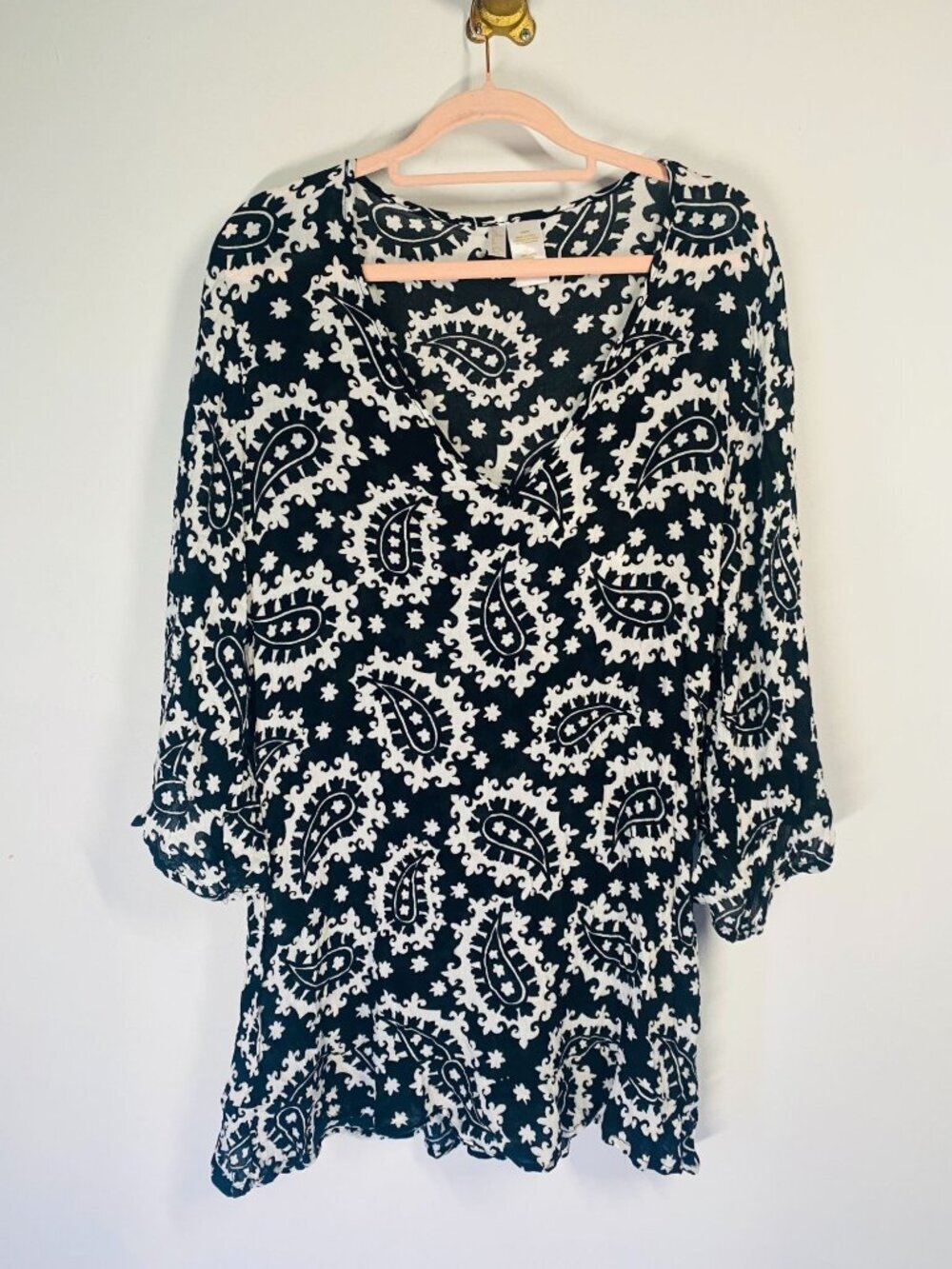 Anne Cole Womens Black & White Paisley Print Swim Cover-Up Rayon Flowy 3/4 Sleev